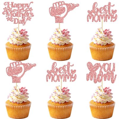 24Pcs Happy Mother's Day Cupcake Toppers Glitter Best Mom Cupcake Picks Love You Mom Cake Decorations for Happy Mother's Day Birthday Party Cake Decorations Supplies Rose Gold