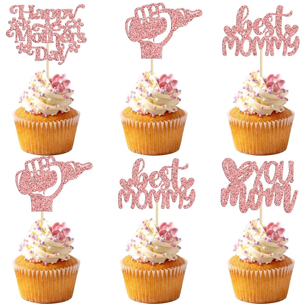 24Pcs Happy Mother's Day Cupcake Toppers Glitter Best Mom Cupcake Picks Love You Mom Cake Decorations for Happy Mother's Day Birthday Party Cake Decorations Supplies Rose Gold