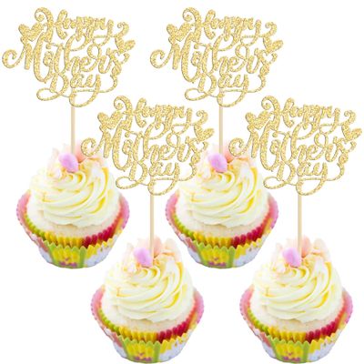 24Pcs Happy Mother's Day Cupcake Topper Happy Mother's Day Cupcake Picks Glitter Heart Best Mom Party Cake Decorations Cupcake Toppers Picks for Mother's Birthday Party Supplies Gold