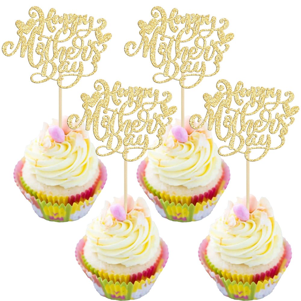 24Pcs Happy Mother's Day Cupcake Topper Happy Mother's Day Cupcake Picks Glitter Heart Best Mom Party Cake Decorations Cupcake Toppers Picks for Mother's Birthday Party Supplies Gold