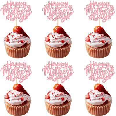 24Pcs Happy Mother's Day Cupcake Topper Happy Mother's Day Cupcake Picks Glitter Flower Best Mom Party Cake Decorations Cupcake Toppers Picks for Mother's Birthday Party Supplies Pink