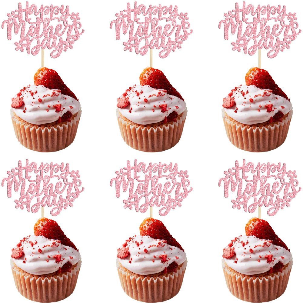 24Pcs Happy Mother's Day Cupcake Topper Happy Mother's Day Cupcake Picks Glitter Flower Best Mom Party Cake Decorations Cupcake Toppers Picks for Mother's Birthday Party Supplies Pink