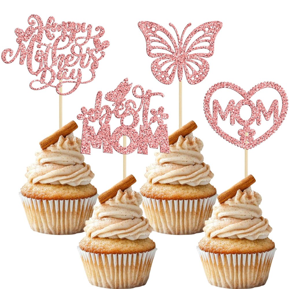 24Pcs Mother's Day Cupcake Toppers Rose Gold Glitter Best Mom Butterfly Cupcake Picks Heart Mom Cake Decorations for Happy Mother's Day Birthday Party Cake Decorations Supplies