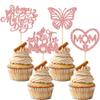 24Pcs Mother's Day Cupcake Toppers Rose Gold Glitter Best Mom Butterfly Cupcake Picks Heart Mom Cake Decorations for Happy Mother's Day Birthday Party Cake Decorations Supplies view 1