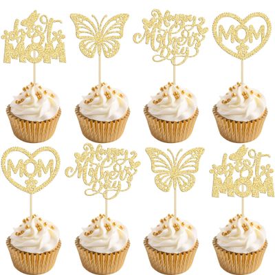 24Pcs Mother's Day Cupcake Toppers Gold Glitter Best Mom Butterfly Cupcake Picks Heart Mom Cake Decorations for Happy Mother's Day Birthday Party Cake Decorations Supplies
