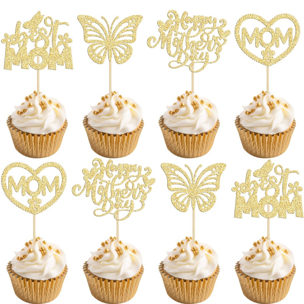24Pcs Mother's Day Cupcake Toppers Gold Glitter Best Mom Butterfly Cupcake Picks Heart Mom Cake Decorations for Happy Mother's Day Birthday Party Cake Decorations Supplies