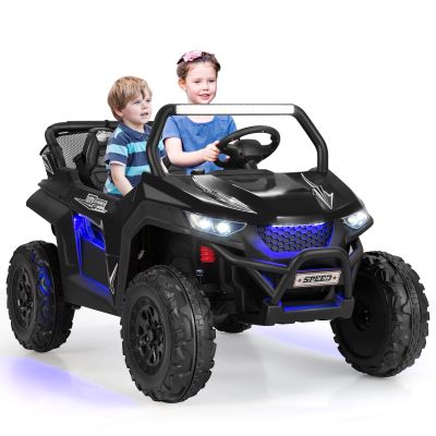 Costzon 2-Seater Ride on Car for Kids, 12V Kids' Electric Vehicles w/Remote Control, 4 Shock Absorbers, Wireless Music & FM, 3 Speeds, Ambiance Lights, Electric UTV, Kid Car Toy for Boys, Girls(Black)