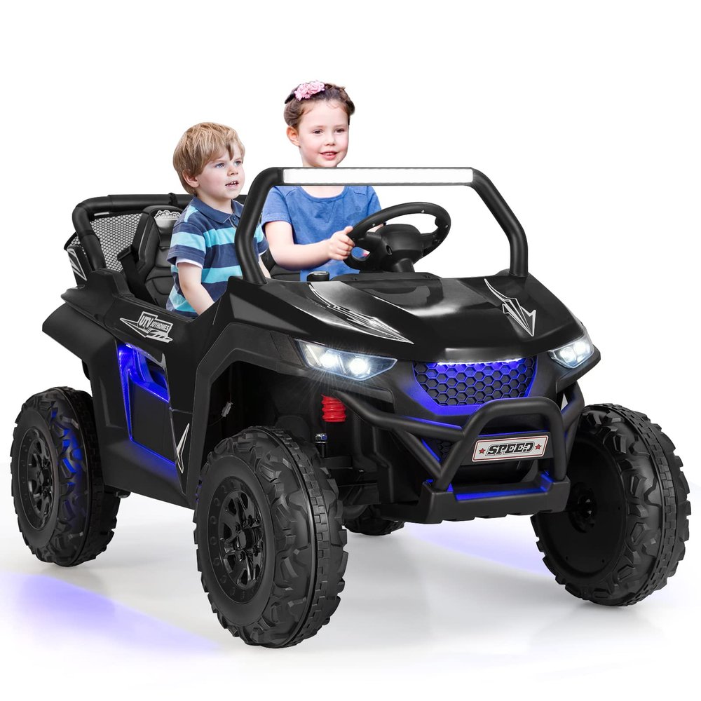 Costzon 2-Seater Ride on Car for Kids, 12V Kids' Electric Vehicles w/Remote Control, 4 Shock Absorbers, Wireless Music & FM, 3 Speeds, Ambiance Lights, Electric UTV, Kid Car Toy for Boys, Girls(Black)