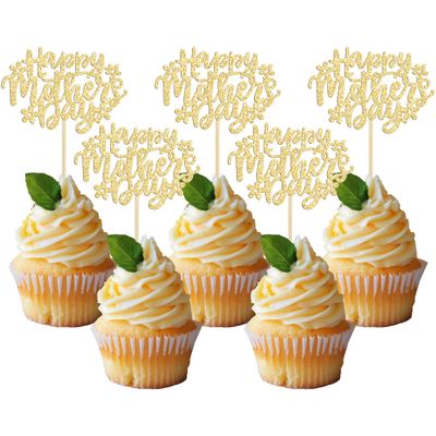 24Pcs Happy Mother's Day Cupcake Topper Happy Mother's Day Cupcake Picks Glitter Flower Best Mom Party Cake Decorations Cupcake Toppers Picks for Mother's Birthday Party Supplies Gold