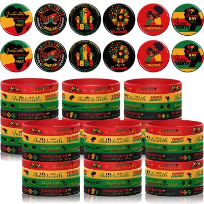 Jexine 96 Pieces Juneteenth Party Supplies Favors Include 48 Happy Juneteenth Silicone Bracelets and 48 Freedom Day Button Pins for African American 1865 Independence Day Parade Party Gifts Supplies