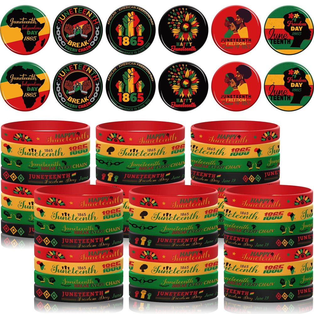 Jexine 96 Pieces Juneteenth Party Supplies Favors Include 48 Happy Juneteenth Silicone Bracelets and 48 Freedom Day Button Pins for African American 1865 Independence Day Parade Party Gifts Supplies