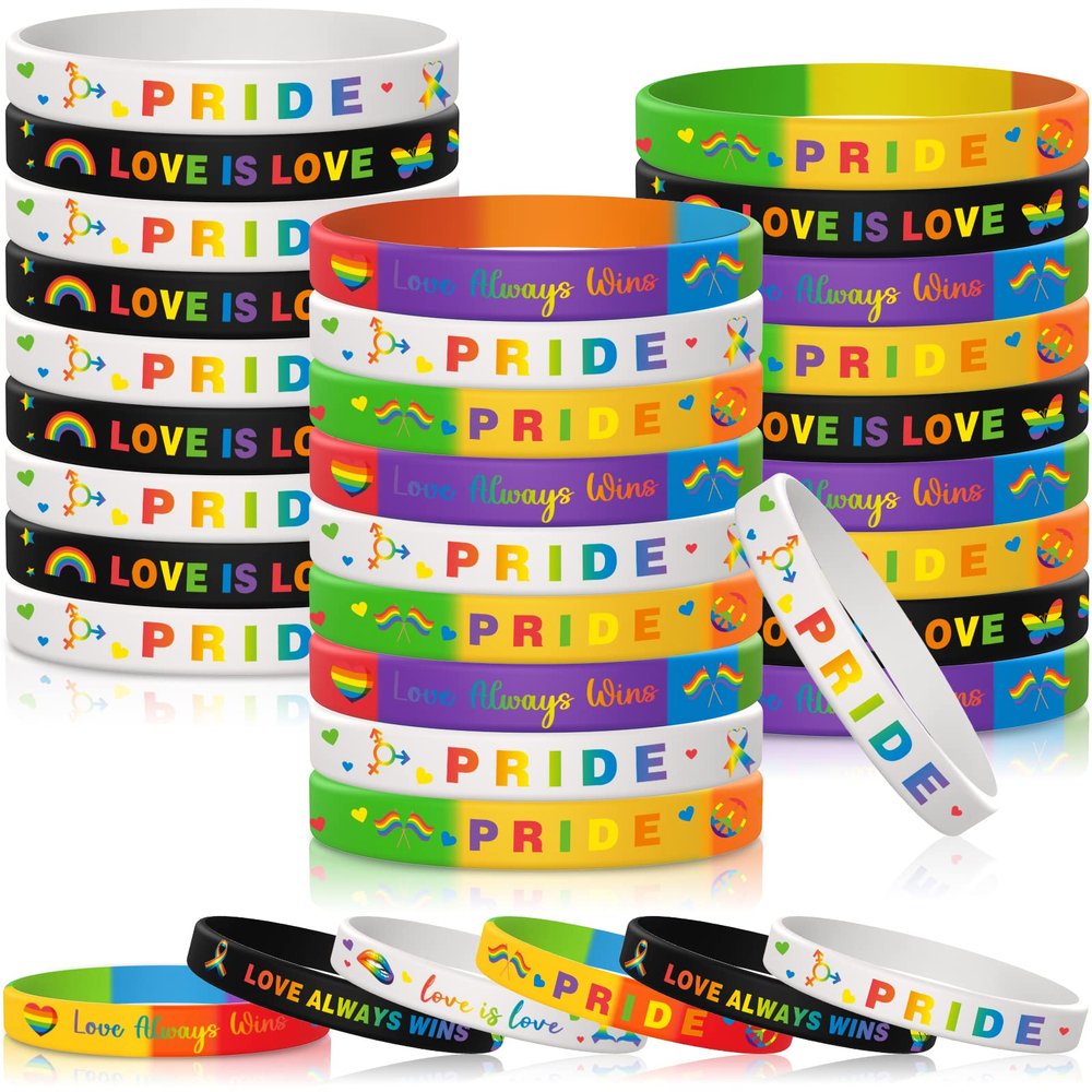 Harrycle 96 Pieces Pride Rainbow Bracelets Pride Silicone Wristbands LGBT Rainbow Rubber Bracelets for Gay and Lesbian LGBTQ Party Parades Gifts Supplies, 6 Design