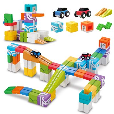 QBI Magnetic Building Blocks Car Track Set, 46PCS STEM Learning Toys for Kids Ages 4-8, Sensory Magnetic Blocks with 2 Push-and-go Cars | Educational Montessori Magnet Cubes for Boys & Girls