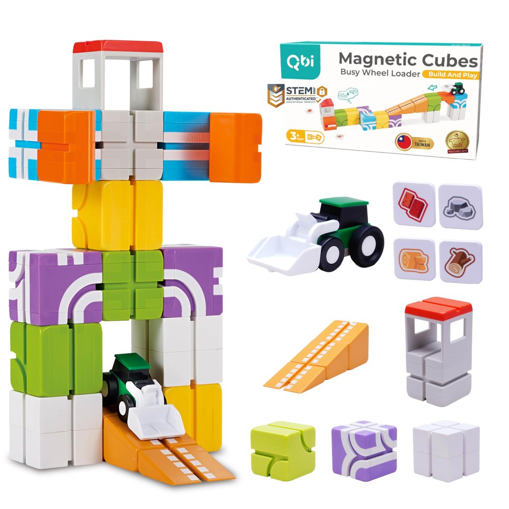 QBI Magnetic Blocks for Toddlers Ages 3+ | STEM Magnetic Block Tracks with Wheel Bulldozer & Tiles | 3D Colorful Magnet Building Blocks for Boys & Girls | Early Learning Sensory Toy 21 Pieces