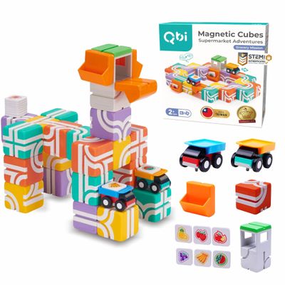 QBI Magnetic Blocks for Toddlers Ages 2-4STEM Magnetic Building Blocks with Trucks & Fruit TilesMontessori Magnet Building Cubes for KidsEducational Gifts for Boys & Girls Ages 2+ (32PCS)