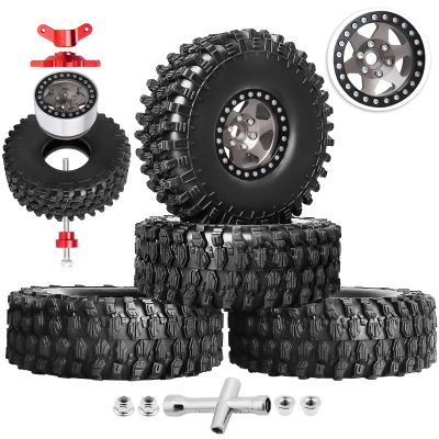 Hobbypark 1.9 Beadlock Wheels and Tires 120mm / 4.72inch Height and Mounting Install Tool for 1/10 RC Crawler with Foam Inserts,Set of 4 (Gray&Black)
