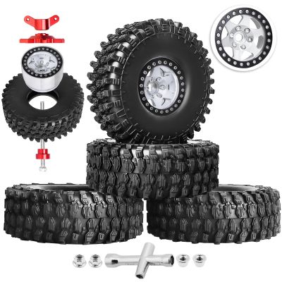 Hobbypark 1.9 Beadlock Wheels and Tires 120mm / 4.72inch Height and Mounting Install Tool for 1/10 RC Crawler with Foam Inserts,Set of 4 (Silver&Black)