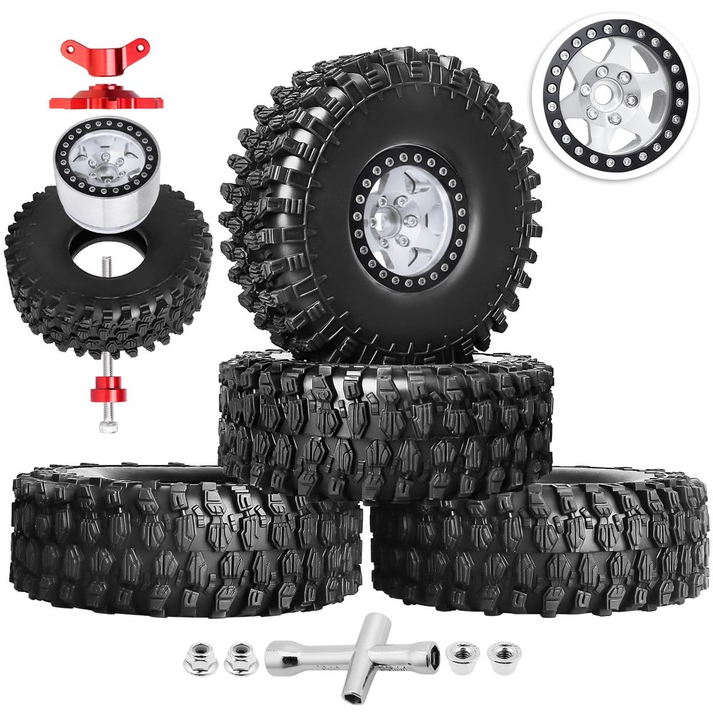 Hobbypark 1.9 Beadlock Wheels and Tires 120mm / 4.72inch Height and Mounting Install Tool for 1/10 RC Crawler with Foam Inserts,Set of 4 (Silver&Black)