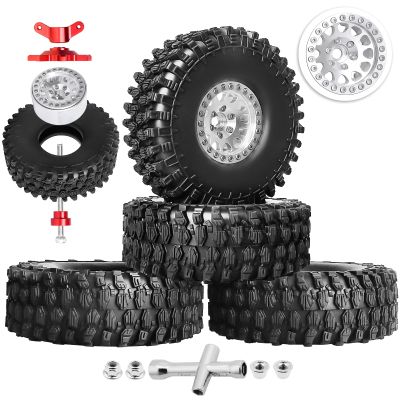 HobbyPark 1.9 Beadlock Wheels and Tires 120mm / 4.72inch Height with Mounting Tool for Traxxas TRX4 Axial SCX10 II III Redcat Gen8 Gen7 12mm Hex 1/10 Crawler Upgrades, 4-Set (Silver)