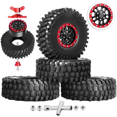 Hobbypark Aluminum 1.9 Beadlock Wheels and 1.9 Tires Height 4.72inch 120mm Soft Rubber Good Grip with Install Tool for 1/10 RC Crawler with Foam Inserts,Set of 4 (Red Rings)