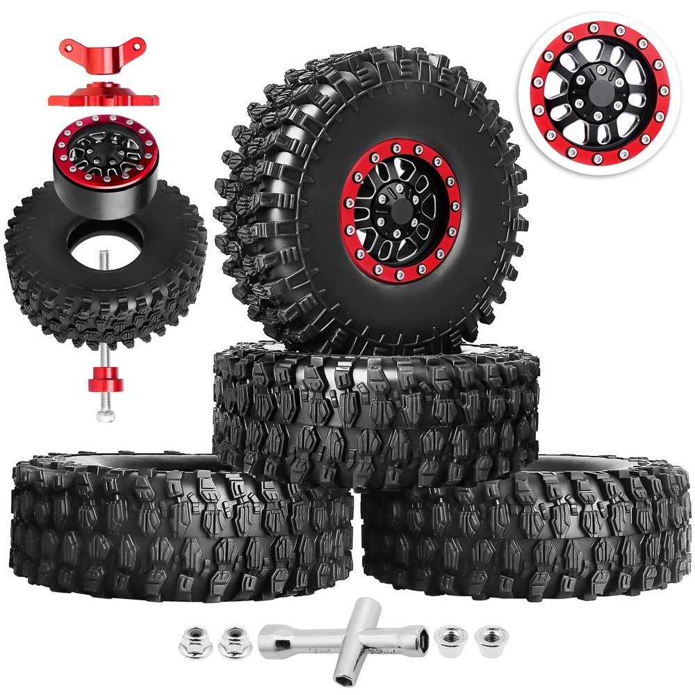 Hobbypark Aluminum 1.9 Beadlock Wheels and 1.9 Tires Height 4.72inch 120mm Soft Rubber Good Grip with Install Tool for 1/10 RC Crawler with Foam Inserts,Set of 4 (Red Rings)