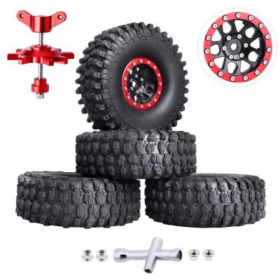 HobbyPark 1.9 Beadlock Wheels and Tires Height 4.72inch 120mm Soft Rubber Good Grip, Mounting Tool for TRX4 Axial SCX10 II III Redcat Gen8 Gen7 1/10 RC Crawler w/Foam,Set of 4 (Red Rings)