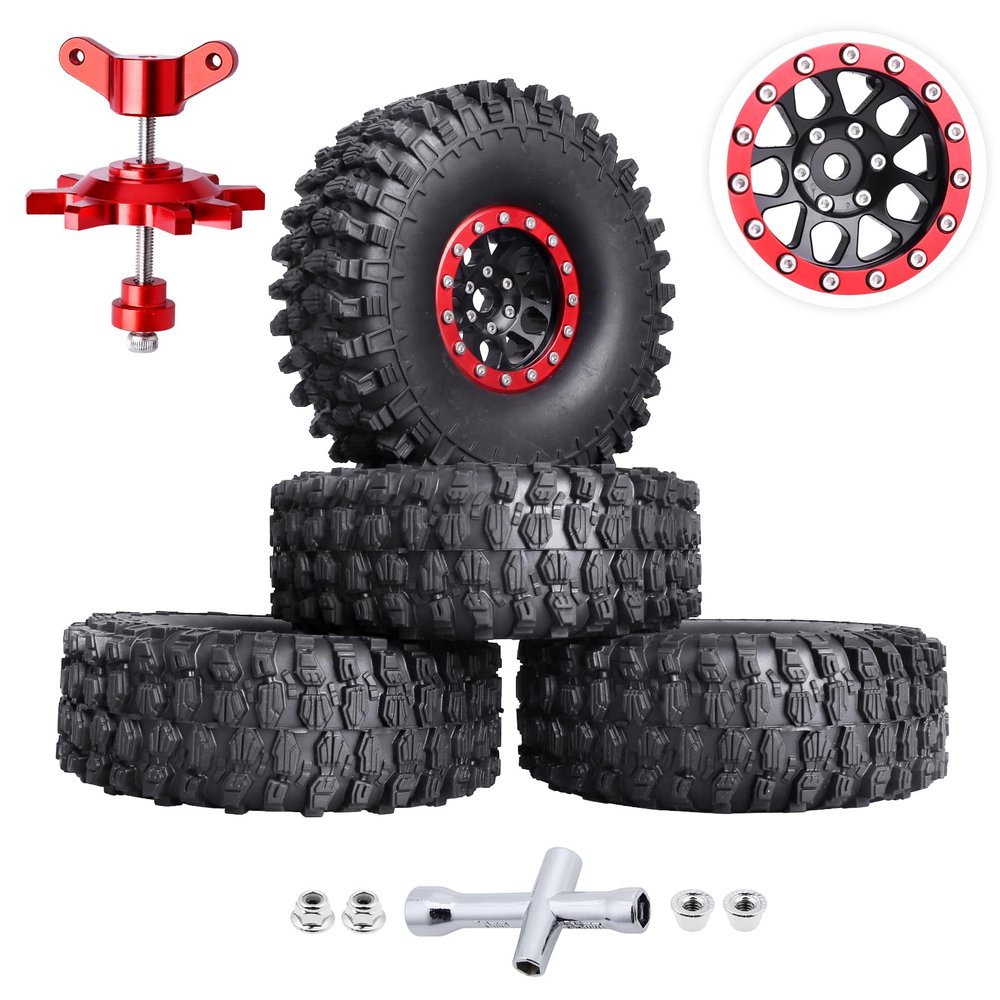 HobbyPark 1.9 Beadlock Wheels and Tires Height 4.72inch 120mm Soft Rubber Good Grip, Mounting Tool for TRX4 Axial SCX10 II III Redcat Gen8 Gen7 1/10 RC Crawler w/Foam,Set of 4 (Red Rings)