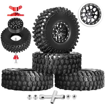 HobbyPark 1.9 Beadlock Wheels and Tires Height 4.72inch 120mm Soft Rubber Good Grip, Mounting Tool for TRX4 Axial SCX10 II III Redcat Gen8 Gen7 1/10 RC Crawler w/Foam,Set of 4 (Black Rings)