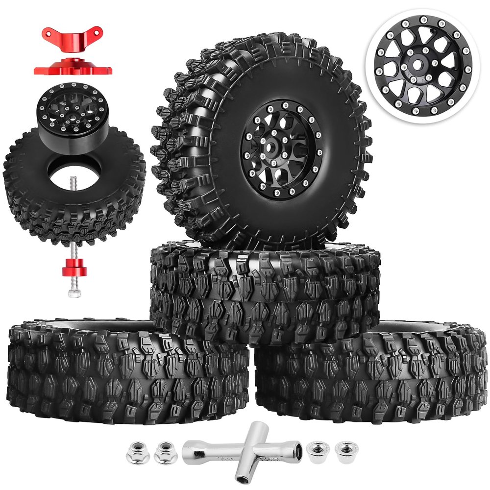 HobbyPark 1.9 Beadlock Wheels and Tires Height 4.72inch 120mm Soft Rubber Good Grip, Mounting Tool for TRX4 Axial SCX10 II III Redcat Gen8 Gen7 1/10 RC Crawler w/Foam,Set of 4 (Black Rings)