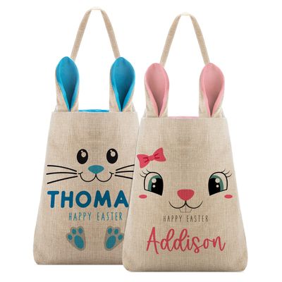 Set of 2, Personalized Easter Baskets with Names for Boys & Girls, Pink/Blue Bunny Ears Custom Easter Bag for Kids, 9 Designs, Easter Tote Bags with Handles for Easter Eggs, Easter Gift Bags for Kids