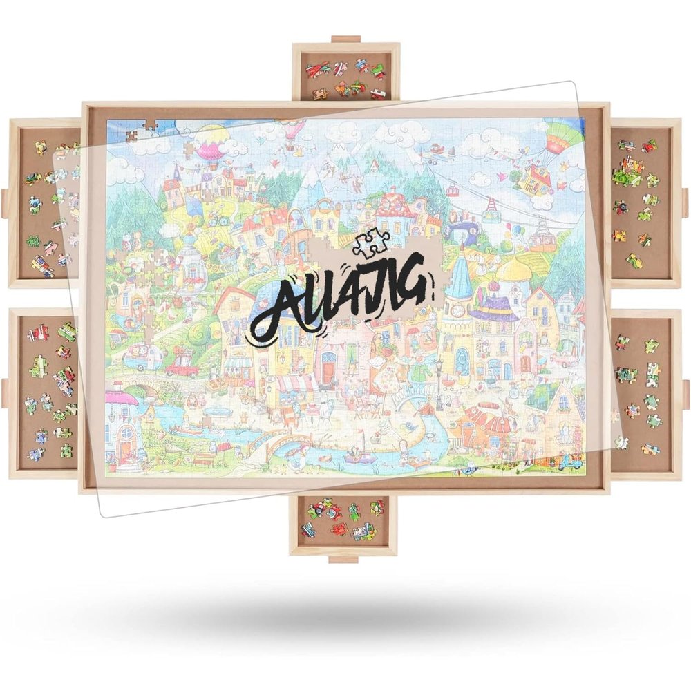 ALL4JIG 2000 Pieces Rotating Puzzle Board with 6 Drawers and Cover,28"x40"Portable Wooden Jigsaw Puzzle Table for Adults,Lazy Susan Spinning Puzzle Boards Birthday Gift for mom
