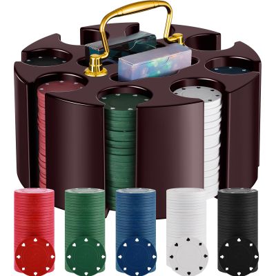 Wettarn Poker Chips Poker Set, 200 Count Rotating Chip Case Wood Carousel Case Holder with 200 Pcs Chips and 2 Decks of Playing Cards for Casino Party Supplies Family Game Accessory