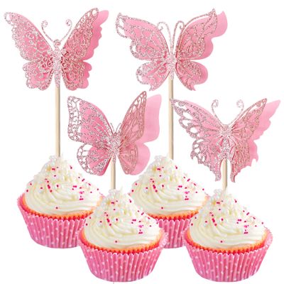 24 Pack Butterfly Cupcake Toppers - Glitter & 3D Butterfly Picks for Baby Shower & Kids Birthday Party - Pink