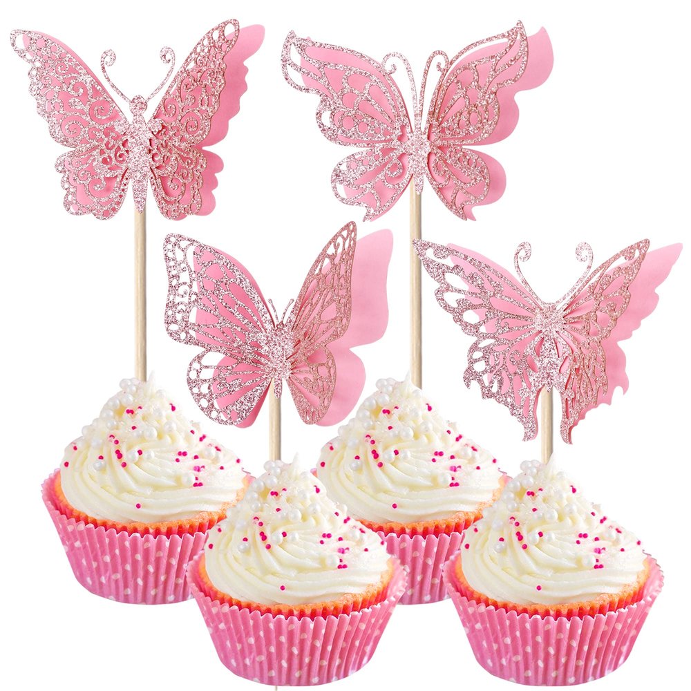 24 Pack Butterfly Cupcake Toppers - Glitter & 3D Butterfly Picks for Baby Shower & Kids Birthday Party - Pink