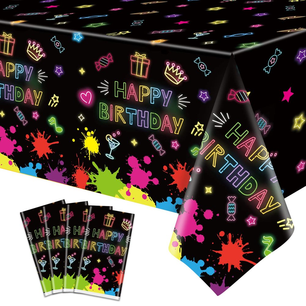 4 Pack Glow Party Table Covers Neon Tablecloths Disposable Plastic Neon Table Cloth Black Light Tablecloth Black Light Decorations Glow in The Dark Party Supplies Blacklight Decor 86 x 51 Inch