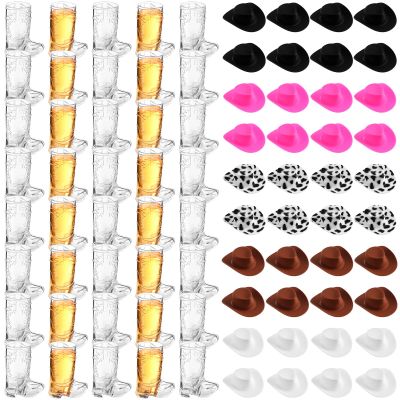 Sumind 40 Pcs Western Party Decoration Supplies Plastic Mini Cowboy Hats with 1 oz Miniature Cowgirl Cowboy Boot Shot Glasses