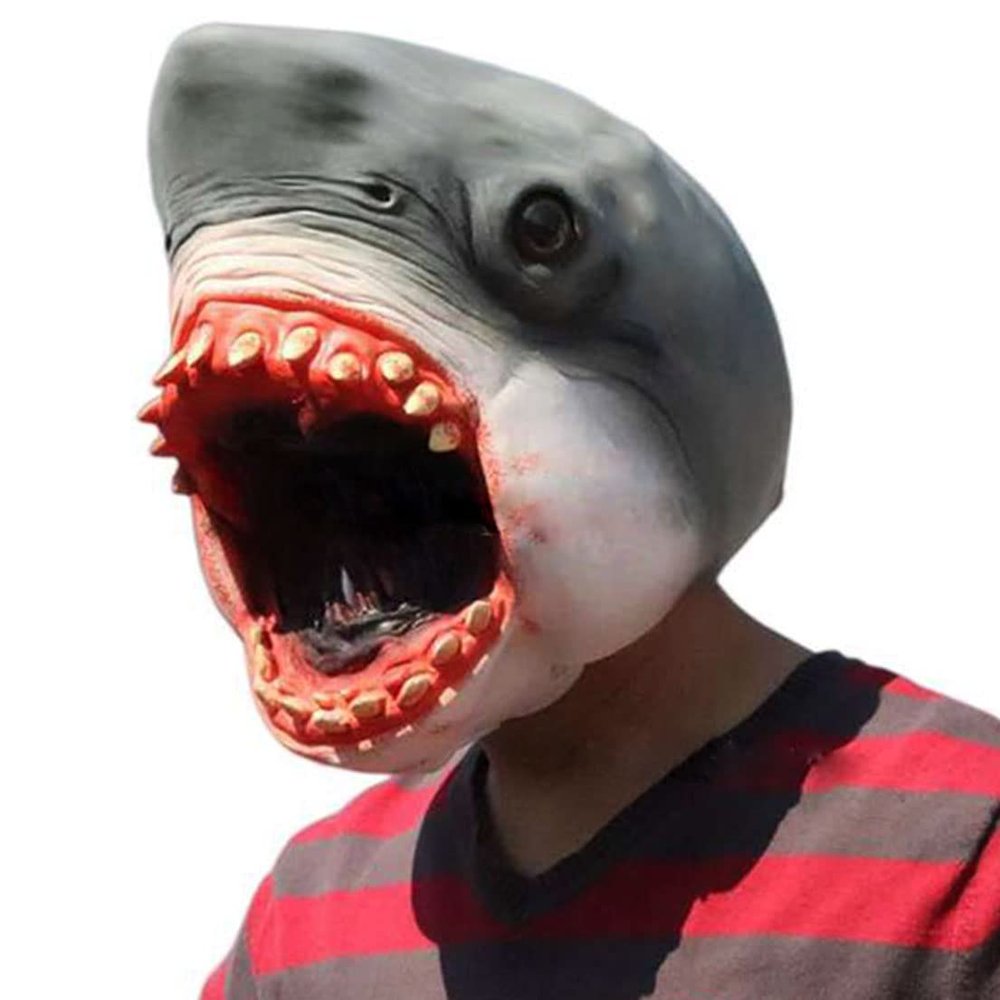 BEESUM 2023 Bloody Shark Head Mask Realistic Megalodon Cosplay Masks for Halloween Party Costume Latex (Grey)