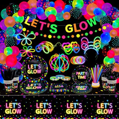 458 Pcs Glow Party Supplies - Include Balloons, Banner, Glow Sticks, Tableware and Tablecloths for Neon Party Decorations, Serves 20