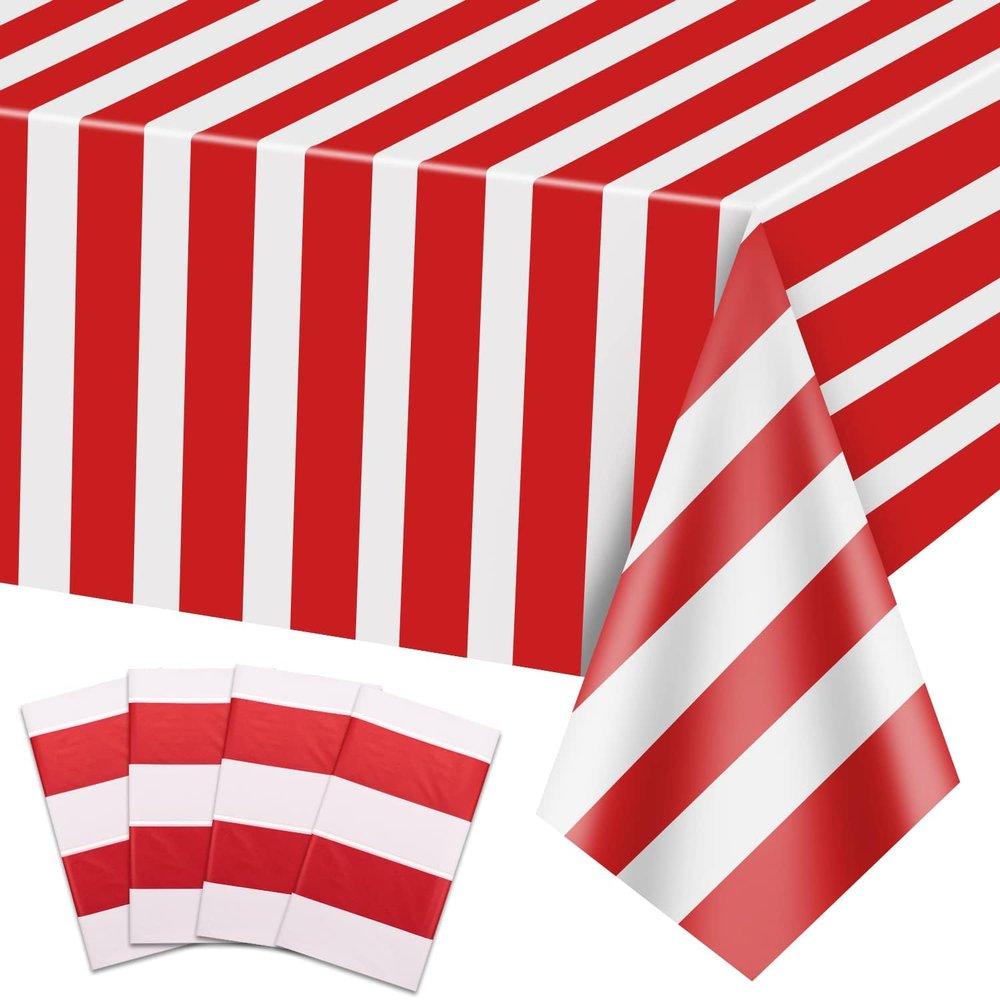 4 Pcs Carnival Table Cloths, Red and White Stripe Tablecloths, Red Plastic Table Cover, Circus Theme Party Decorations for Carnival, Movie Night, Kid's Birthday, Christmas (4, Red, 51'' x 108'')