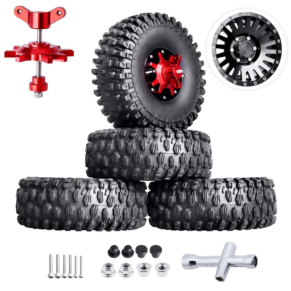 HobbyPark Aluminum 2.2 Beadlock Wheels and Soft Rubber Tires Height 5.67inch/144mm with Foam Inserts Good Grip for 1/10 RC Crawler, w/Beadlocks Mounting Tool, Set of 4