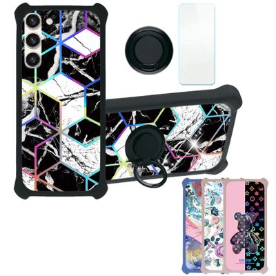 Galaxy S23+ Plus Case Compatible with Samsung Galaxy S23+ Plus Phone Case Cover [with Tempered Glass Screen Protector][Hard PC + Soft Silicone][Ring Support] [Colorful Reflect Light] IMDH-HS