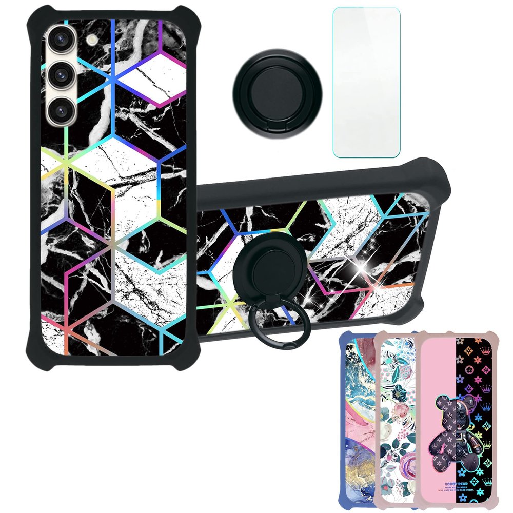 Galaxy S23+ Plus Case Compatible with Samsung Galaxy S23+ Plus Phone Case Cover [with Tempered Glass Screen Protector][Hard PC + Soft Silicone][Ring Support] [Colorful Reflect Light] IMDH-HS