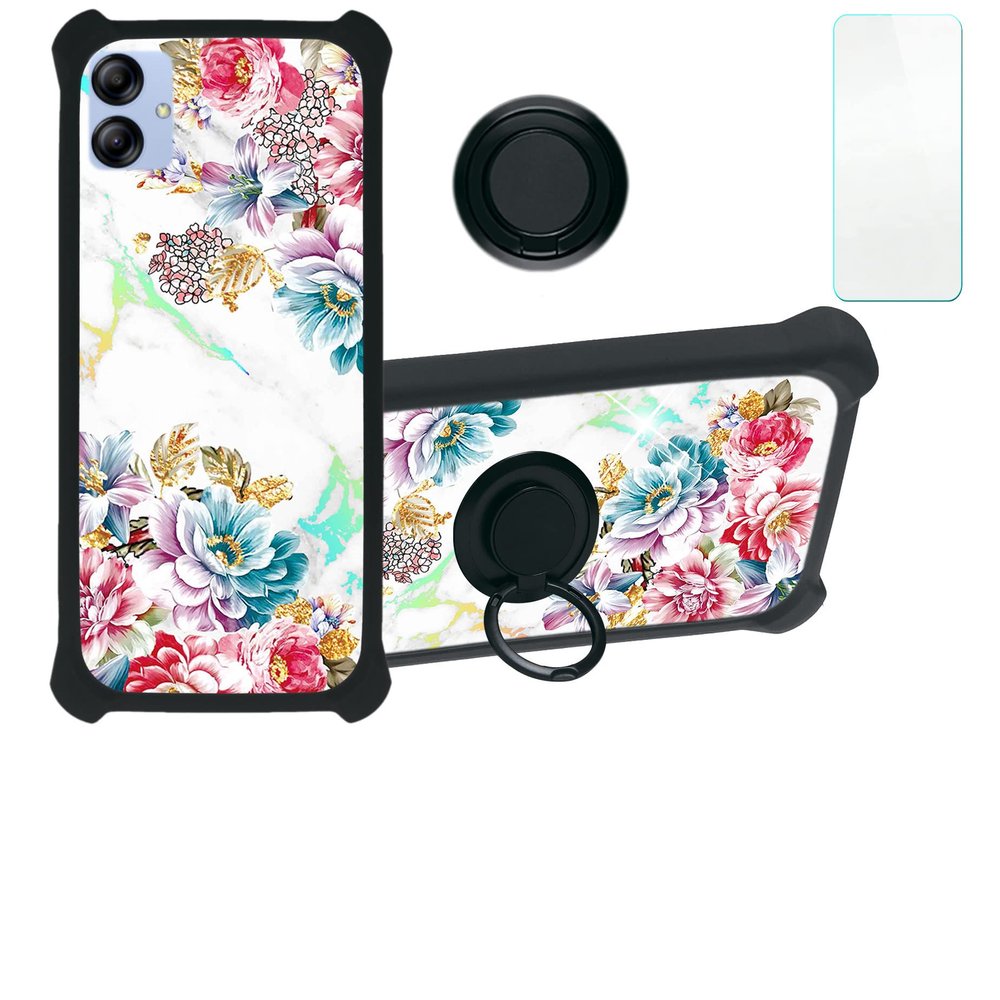 Galaxy A04e Case Compatible with Samsung Galaxy A04e Phone Case Cover [with Tempered Glass Screen Protector][Hard PC + Soft Silicone][Ring Support] [Colorful Reflect Light] IMDH-MDH