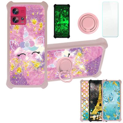 Case for Moto Edge 30 Fusion Case Compatible with Motorola Edge 30 Fusion Phone Case Cover [with Tempered Glass Screen Protector][Hard PC + Soft Silicone][Ring Support] [Gold Glitter+Luminous] JSF-DJS