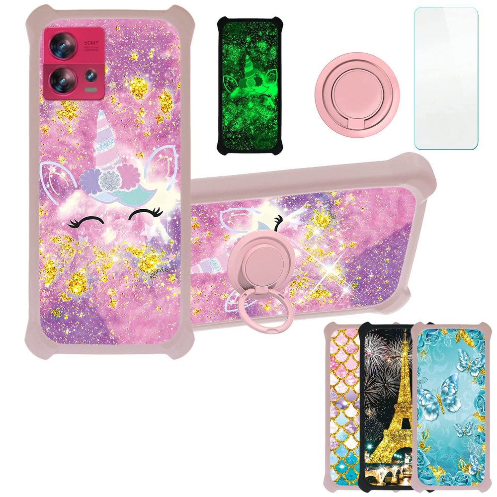 Case for Moto Edge 30 Fusion Case Compatible with Motorola Edge 30 Fusion Phone Case Cover [with Tempered Glass Screen Protector][Hard PC + Soft Silicone][Ring Support] [Gold Glitter+Luminous] JSF-DJS