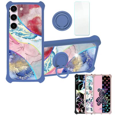 Galaxy S23 Case Compatible with Samsung Galaxy S23 Phone Case Cover [with Tempered Glass Screen Protector][Hard PC + Soft Silicone][Ring Support] [Colorful Reflect Light] IMDL-SSS