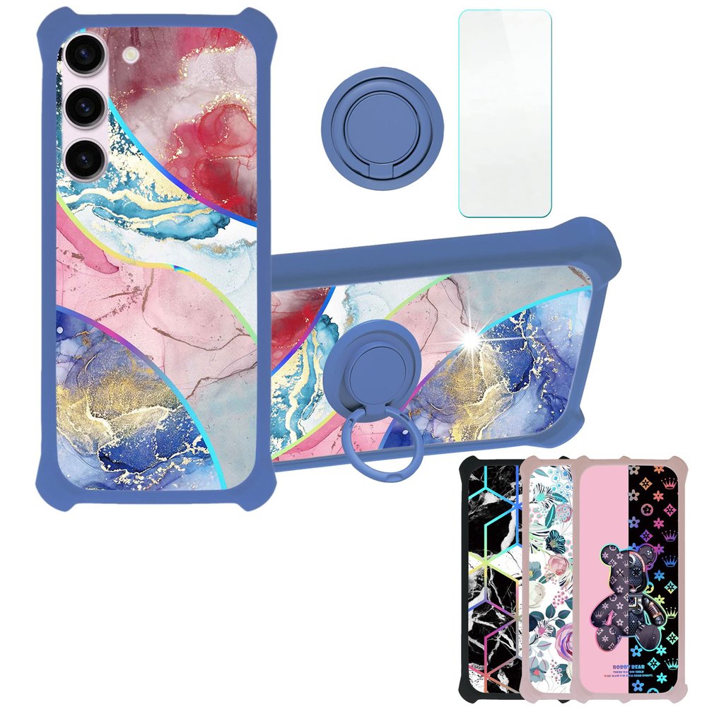 Galaxy S23 Case Compatible with Samsung Galaxy S23 Phone Case Cover [with Tempered Glass Screen Protector][Hard PC + Soft Silicone][Ring Support] [Colorful Reflect Light] IMDL-SSS