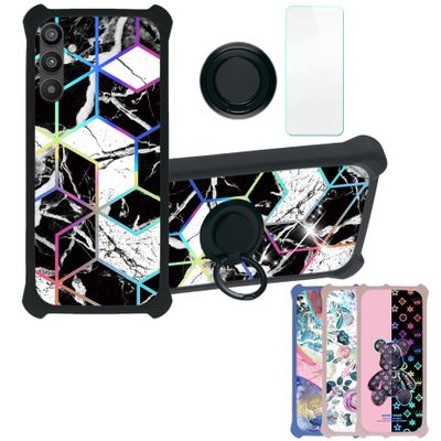 Galaxy A34 5g Case Compatible with Samsung Galaxy A34 5g Phone Case Cover [with Tempered Glass Screen Protector][Hard PC + Soft Silicone][Ring Support] [Colorful Reflect Light] IMDH-HS