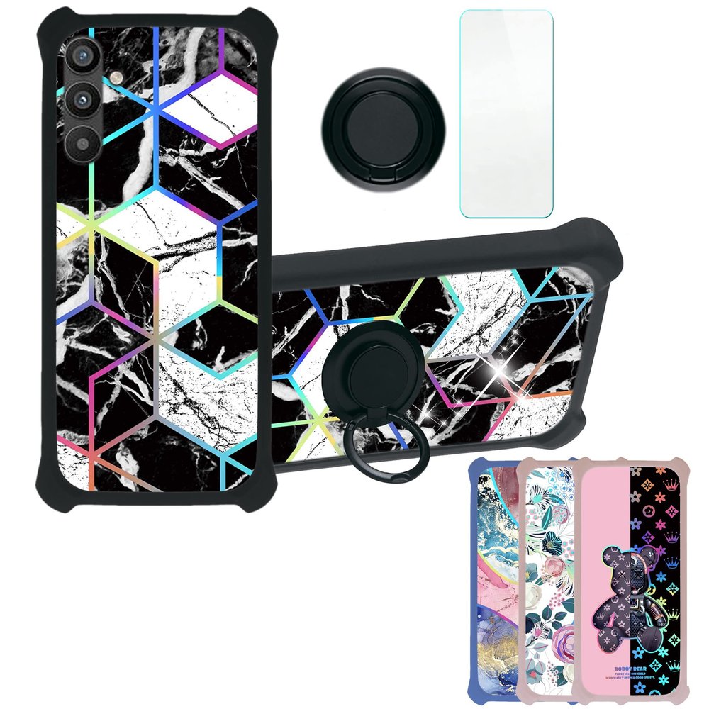 Galaxy A34 5g Case Compatible with Samsung Galaxy A34 5g Phone Case Cover [with Tempered Glass Screen Protector][Hard PC + Soft Silicone][Ring Support] [Colorful Reflect Light] IMDH-HS