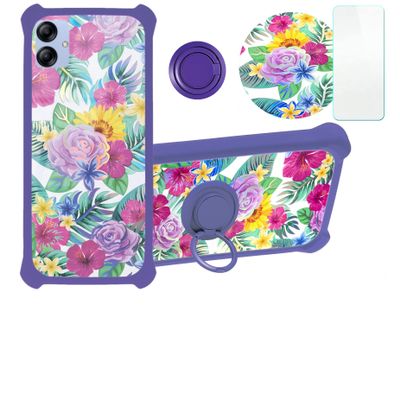 Galaxy A04e Case Compatible with Samsung Galaxy A04e Phone Case Cover [with Tempered Glass Screen Protector][Hard PC + Soft Silicone][Ring Support] [Colorful Reflect Light] IMDZ-HUA1